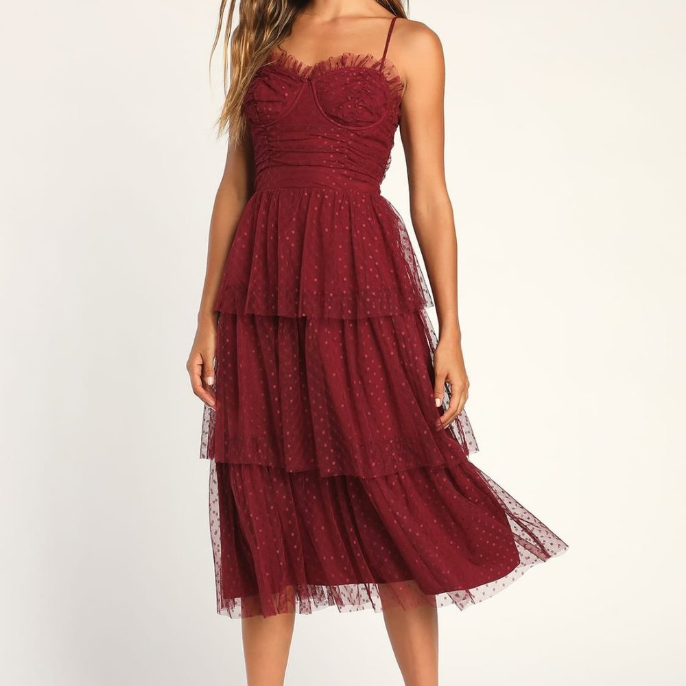 Lulu's Sweetheart Style Burgundy Polka Dot Bustier Tiered Midi Dress Sz Med NWT
